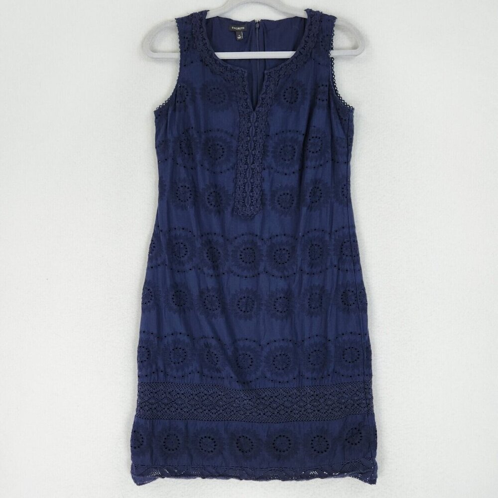 Talbots Dress Womens 4 Navy Blue Sleeveless Eyelet Crochet Sheath Cotton V Neck